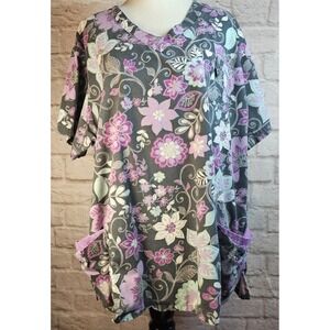 UA Scrubs Women's Scrub Top #UA636 Size 2X  Grey/Wine/Pink/Green Floral 4 Pocket